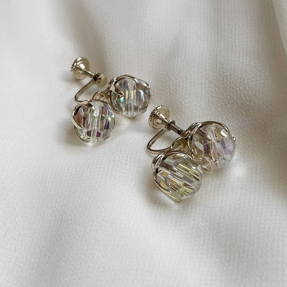 Vintage Jewelry - VTG Clear Iridescent Double Bead Earrings